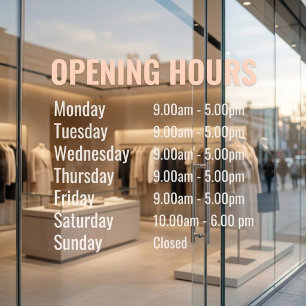 Modern Opening Hours Custom Pink Business Store Window Cling