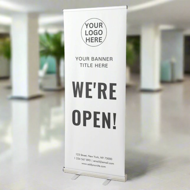 Modern Opening Hours Welcome Promotional White Retractable Banner (Creator Uploaded)