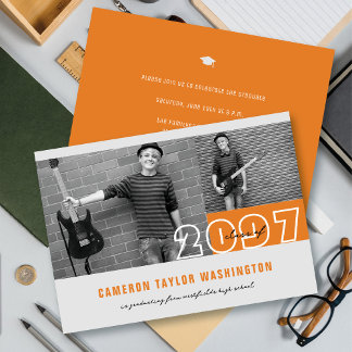 Modern Orange 2 Photo Blocks Graduation Party Invitation