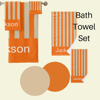 Modern orange and beige striped bath towel set
