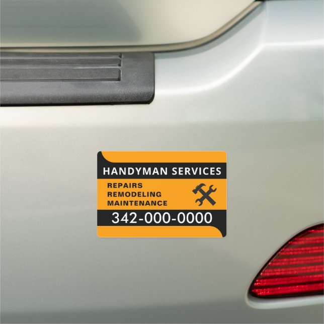 Modern orange and black handyman services car magnet (In Situ)
