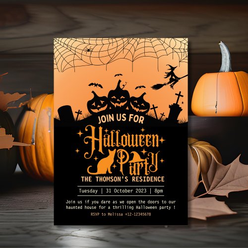 Modern Orange and Black Haunted Halloween  Invitation