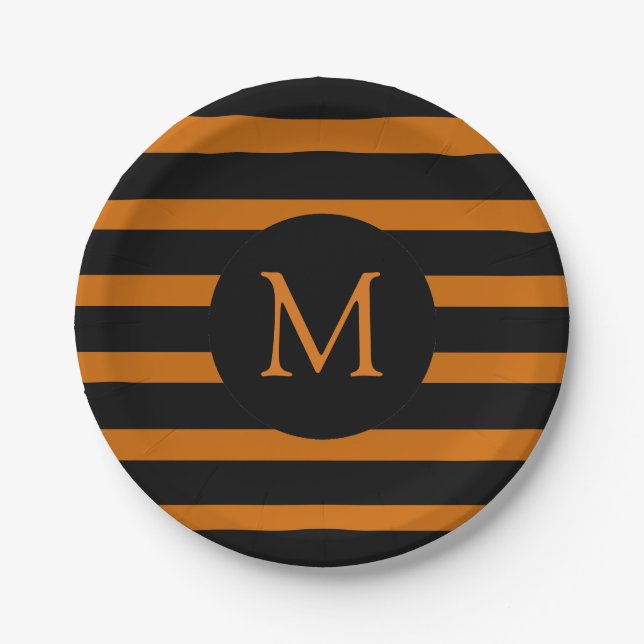 Modern Orange and Black Stripes Monogram Paper Plates (Front)