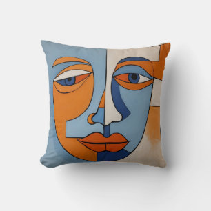 Modern Orange and Blue Abstract Face Throw Pillow