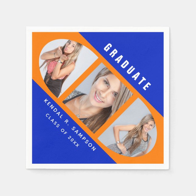 Modern Orange and Blue Graduation Photo Collage Napkins (Front)