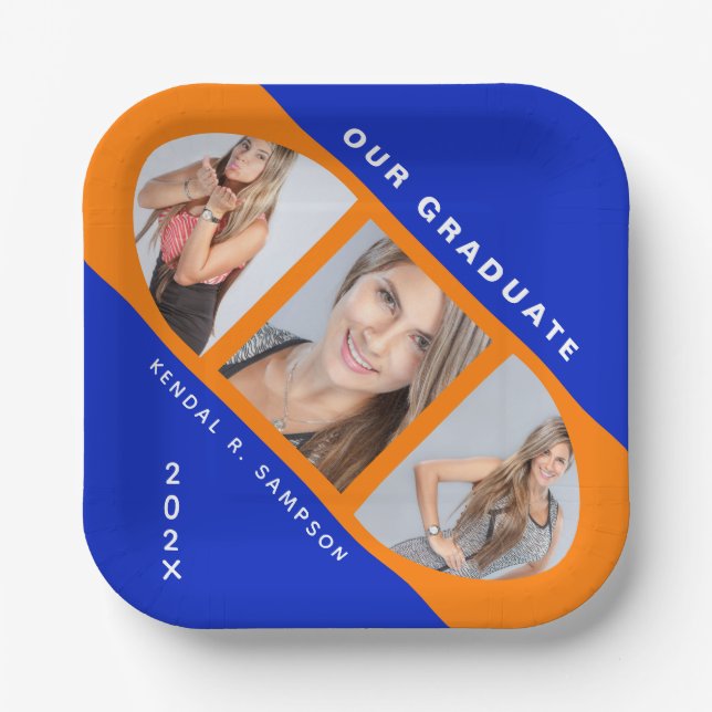 Modern Orange and Blue Graduation Photo Collage Paper Plates (Front)