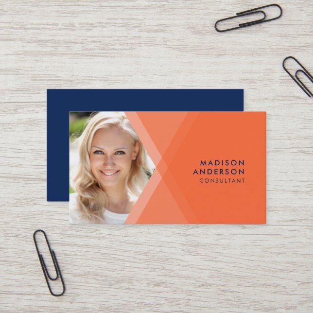 Modern Orange and Blue Layered Geometric Photo Business Card (Front/Back In Situ)