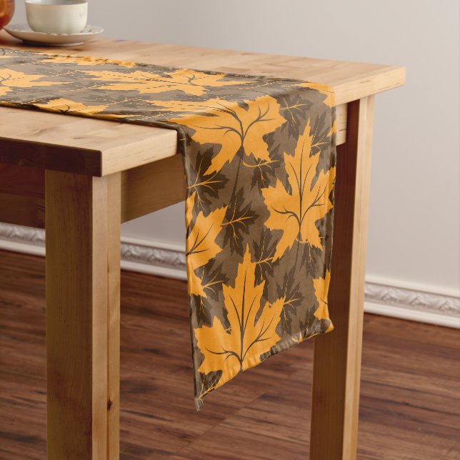 Modern orange and brown fall maple leaves pattern short table runner (In Situ)