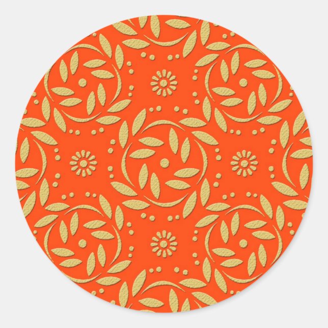 Modern Orange and Gold Floral Pattern Classic Round Sticker (Front)