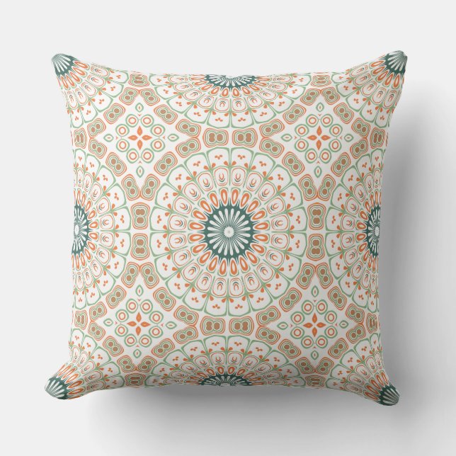Modern Orange and Green Mandala Pattern Throw Pillow (Front)