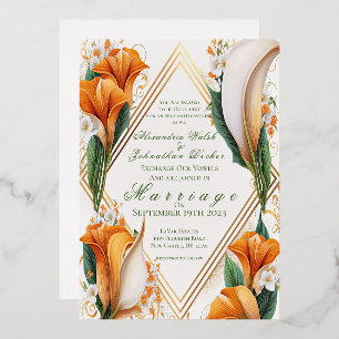 Modern Orange and Ivory Calla Lilies Wedding Foil Invitation