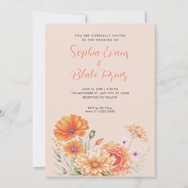 Modern Orange and Pink Garden Beige Wedding Invitation (Front)