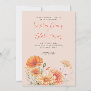 Modern Orange and Pink Garden Beige Wedding Invitation