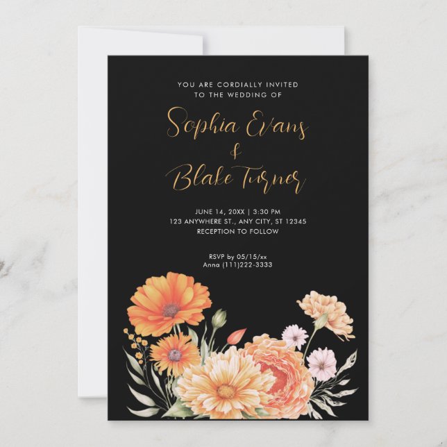 Modern Orange and Pink Garden Black Wedding Invitation (Front)
