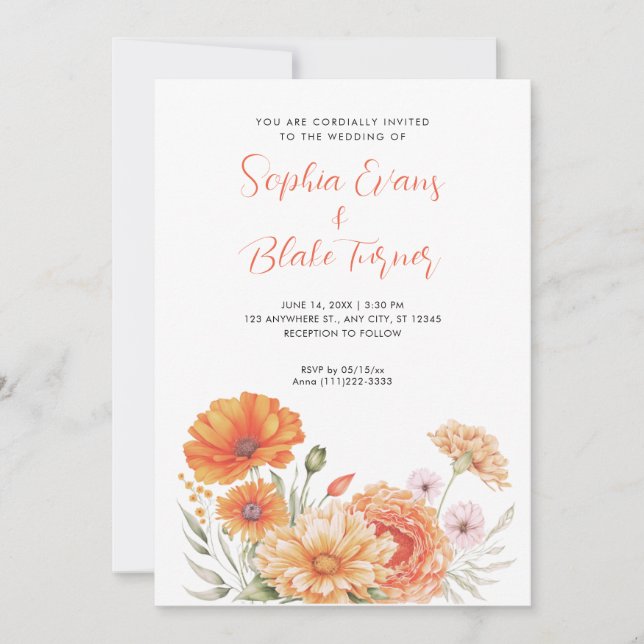 Modern Orange and Pink Garden White Wedding Invitation (Front)