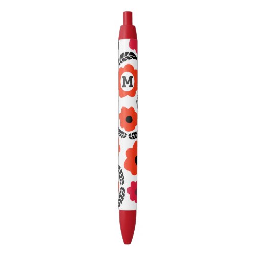 Modern Orange and Red Floral Monogram Black Ink Pen