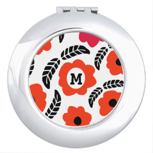 Modern Orange and Red Floral Monogram Compact Mirror