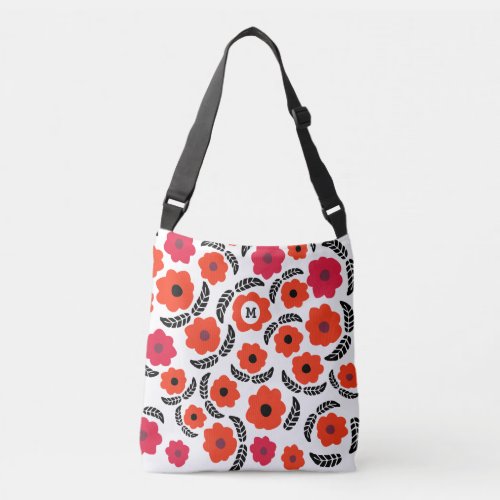 Modern Orange and Red Floral Monogram Crossbody Bag