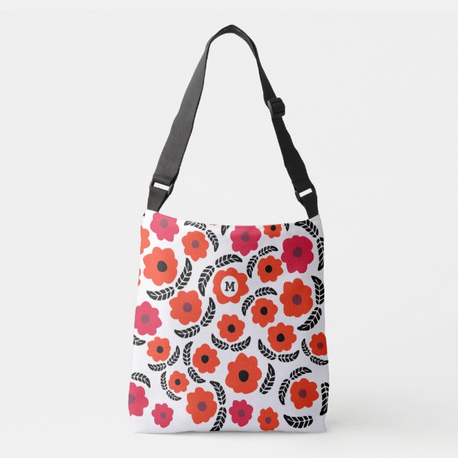 Modern Orange and Red Floral Monogram Crossbody Bag (Front)