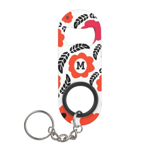 Modern Orange and Red Floral Monogram Keychain Bottle Opener