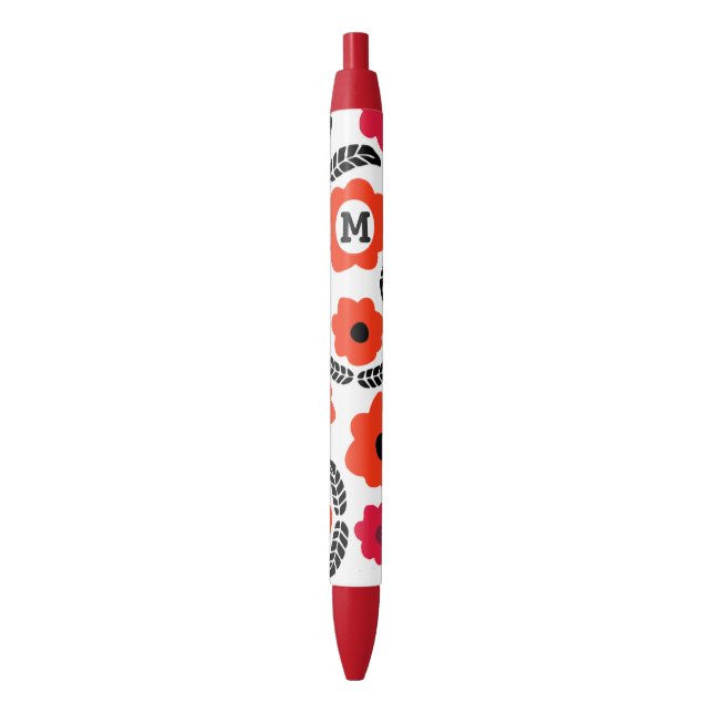 Modern Orange and Red Floral Monogram Pen (Front Vertical)