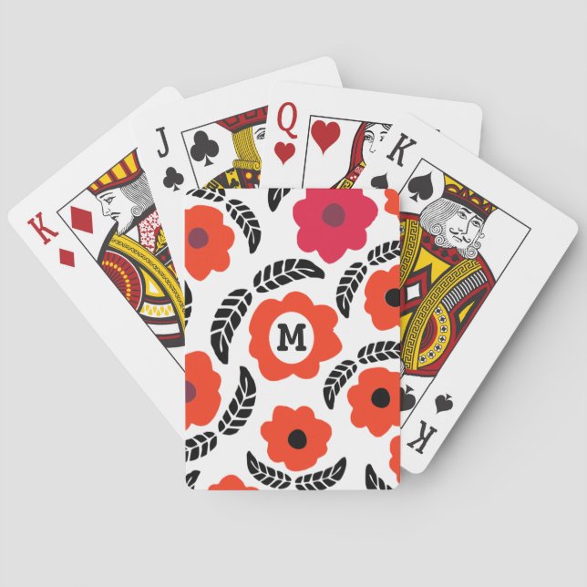 Modern Orange and Red Floral Monogram Poker Cards (Back)
