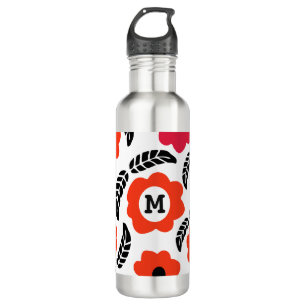 Modern Orange and Red Floral Monogram Stainless Steel Water Bottle