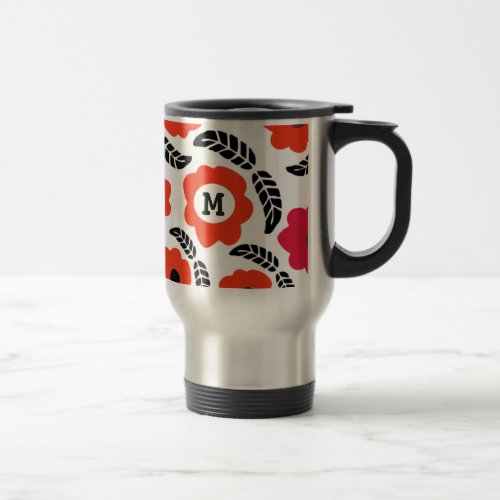 Modern Orange and Red Floral Monogram Travel Mug