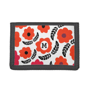 Modern Orange and Red Floral Monogram Trifold Wallet
