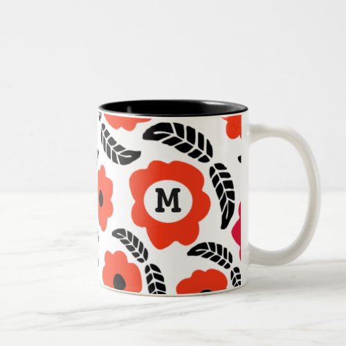 Modern Orange and Red Floral Monogram Two_Tone Coffee Mug