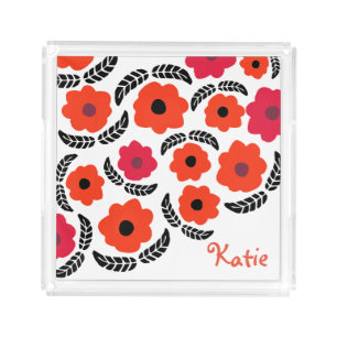 Modern Orange and Red Floral Personalised Acrylic Tray