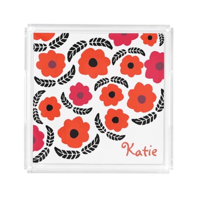 Modern Orange and Red Floral Personalised Acrylic Tray (Front)