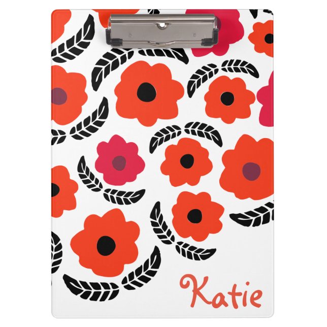 Modern Orange and Red Floral Personalised Clipboard (Front)