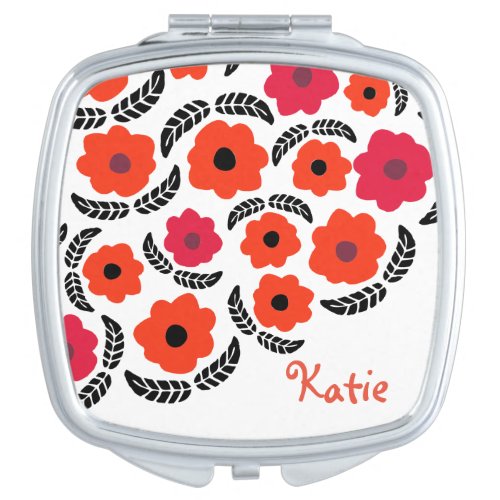 Modern Orange and Red Floral Personalised Compact Mirror