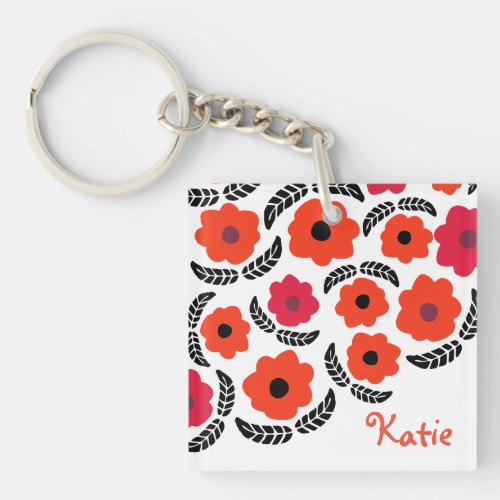 Modern Orange and Red Floral Personalised Keychain