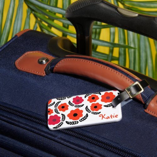 Modern Orange and Red Floral Personalised Luggage Tag