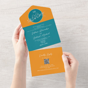 Modern Orange and Teal Wedding All In One Invitation