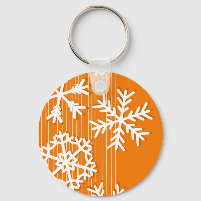 Modern orange and white Christmas white snowflakes Keychain (Front)