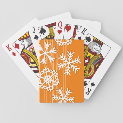 Modern orange and white Christmas white snowflakes Poker Cards