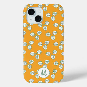 Modern Orange and White Leaf Pattern Monogram iPhone 15 Case