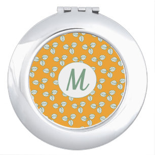 Modern Orange and White Leaf Pattern Monogram Compact Mirror