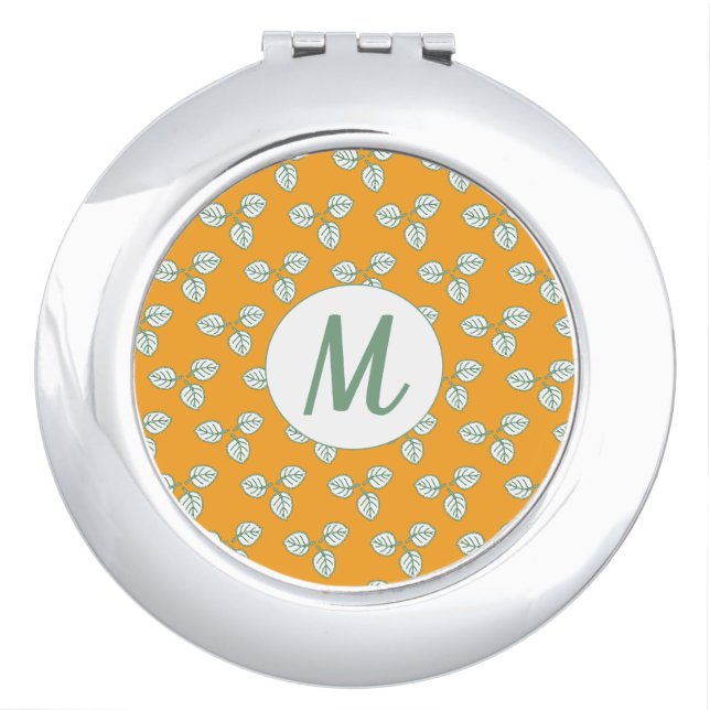 Modern Orange and White Leaf Pattern Monogram Compact Mirror (Front)