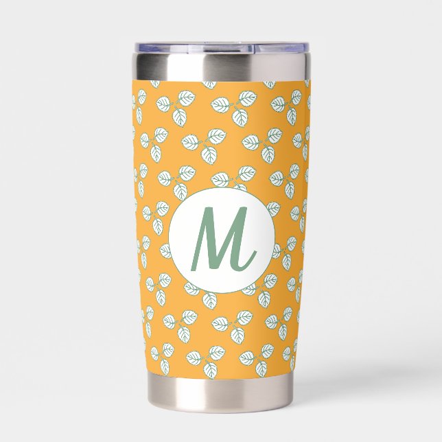 Modern Orange and White Leaf Pattern Monogram Insulated Tumbler (Front)
