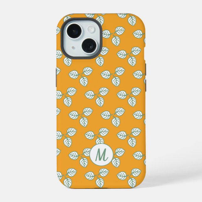 Modern Orange and White Leaf Pattern Monogram Iphone Case (Back)