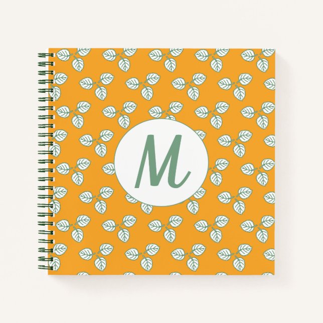 Modern Orange and White Leaf Pattern Monogram Notebook (Front)