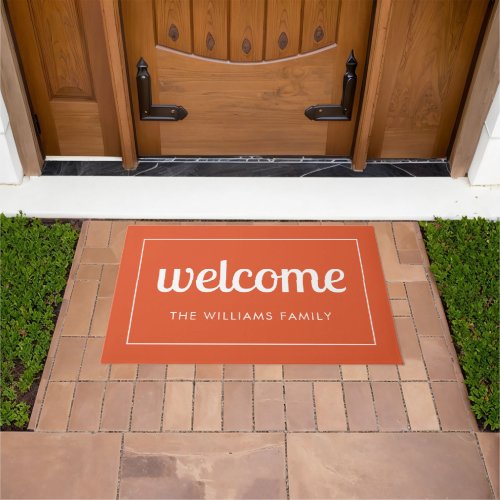 Modern Orange and White Personalized Welcome Doormat