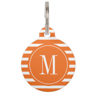 Modern Orange and White Stripe with Monogram Pet ID Tag