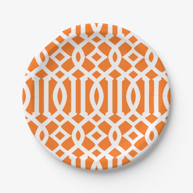 Modern Orange and White Trellis Pattern Paper Plates (Front)