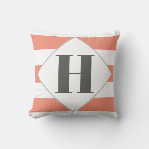Modern Orange Apricot White Stripes Monogrammed Outdoor Pillow