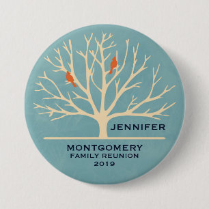 Modern Orange Birds in a Large Tree Family Reunion Button